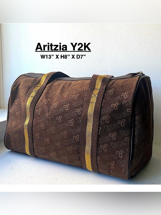 TNA Handbags - TNA Brown Barrel Tote with Striped Mustard Handles